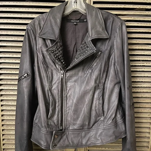 Muubaa gray leather studded biker moto jacket - Picture 2 of 10